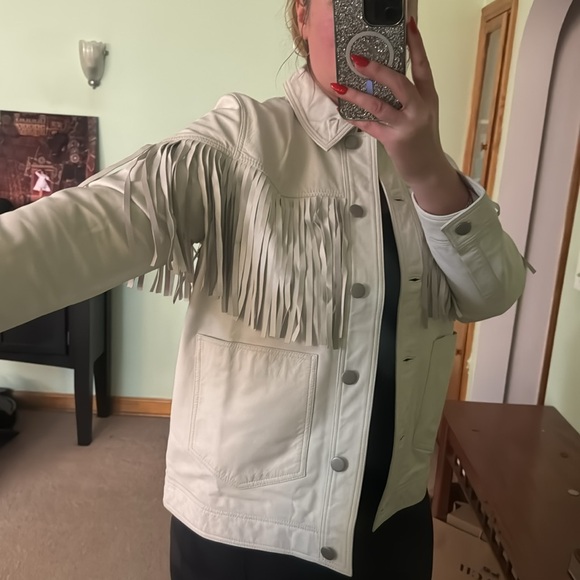 Topshop Roy fringed white leather jacket US size 12 - Picture 15 of 16